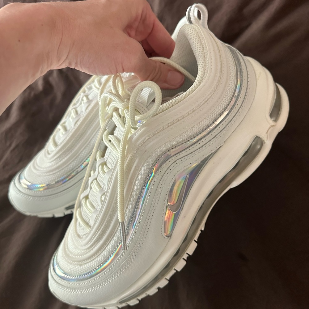 Nike Air Max 97 White Sneakers with Iridescent/Chrome Swoosh size 9.5 NWOT